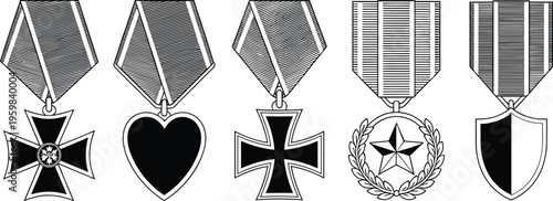 Military medals icon set, cross heart star shield designs, honor bravery achievement, award ribbon illustration, vintage service decoration symbols