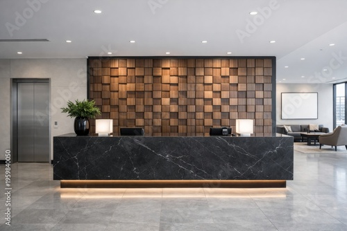 Wallpaper Mural Modern hotel lobby with marble desk and wooden wall design. Ai generative Torontodigital.ca