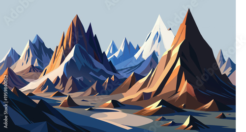 A stylized artistic illustration of a majestic mountain range under a clear and bright daylight