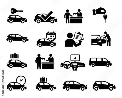 Car Rental Service Icon Set – Black Vehicle Hire and Transportation Silhouettes