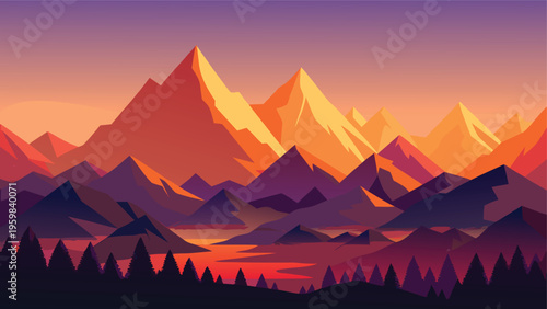 A vibrant digital illustration of majestic mountain peaks glowing under a beautiful sunset sky