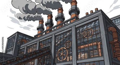Industrial Factory with Chimneys Emitting Smoke in Steampunk Style.