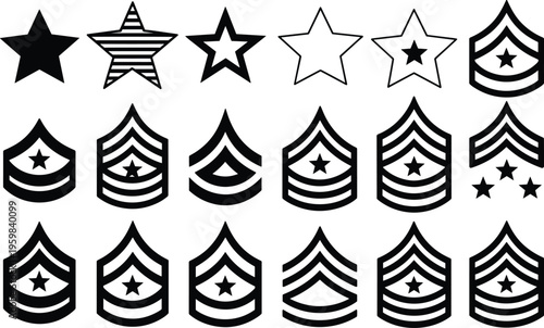 Military rank insignia icons, stars chevrons stripes, hierarchy symbols, law enforcement badges, authority design illustration, vintage emblem set