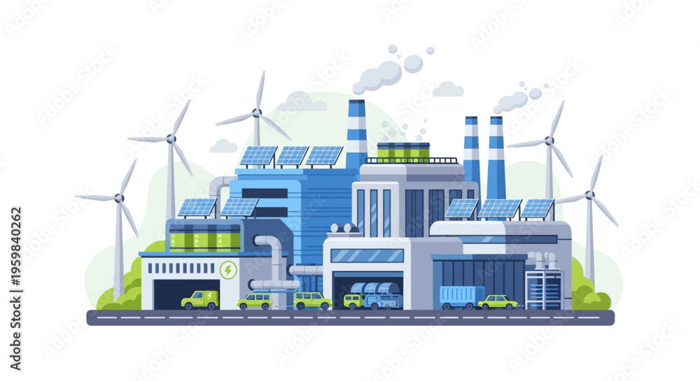 Fototapeta premium Sustainable Green Energy Factory with Solar Panels, Wind Turbines & Electric Vehicles