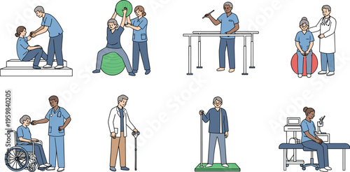 Physiotherapy, rehabilitation, elderly, patient, vector, set, medical, healthcare, exercise, therapy, senior, doctor, nurse, caregiver, wheelchair, ball, walker, recovery, clinic, assistance, disabili