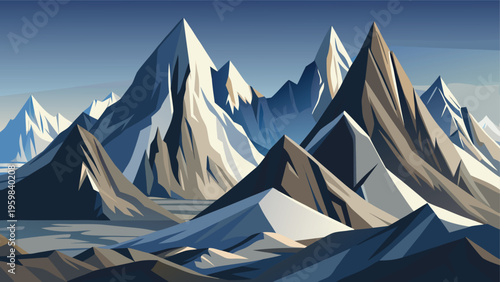 A stylized artistic illustration of majestic snow capped mountain peaks under a clear blue sky