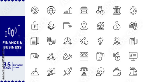 Business and Finance line icons set. Businessman outline icons collection. Money, investment, teamwork,Thin outline icons pack. Vector illustration