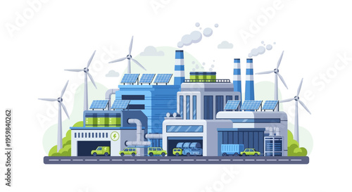 Sustainable Green Energy Factory with Solar Panels, Wind Turbines & Electric Vehicles