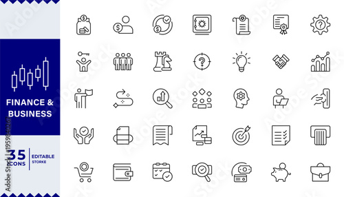 Business and Finance line icons set. Businessman outline icons collection. Money, investment, teamwork,Thin outline icons pack. Vector illustration