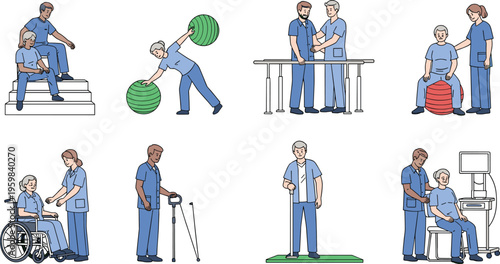 Physiotherapy, rehabilitation, elderly, patient, vector, illustration, set, medical, healthcare, exercise, physical, therapy, senior, nurse, caregiver, disabled, wheelchair, recovery, clinic, health, 