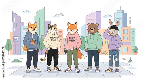 Anthropomorphic Animals in Streetwear Posing in a Stylized Cityscape
