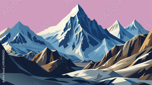 A majestic illustration featuring sharp snow-capped mountain peaks against a soft pink sky background