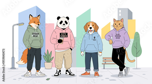 Anthropomorphic Animals in Urban Streetwear: Fox, Panda, Dog, Cat