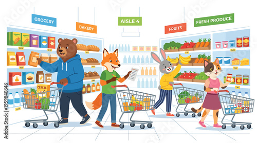 Anthropomorphic Animals Shopping for Groceries in a Supermarket Aisle