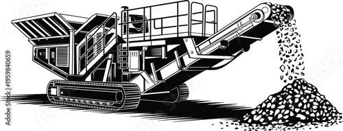 Mobile rock crusher machine, construction mining equipment, tracked industrial crusher, conveyor belt system, aggregate processing illustration, heavy machinery design