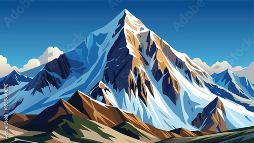 A majestic digital illustration of a towering snow capped mountain peak under a clear blue sky