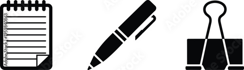 Office supplies icon set, spiral notepad, ballpoint pen, binder clip, black silhouette illustration, stationery design, school work, business tools