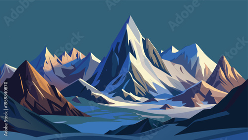 A stylized digital illustration of majestic snow-capped mountain peaks during the golden hour