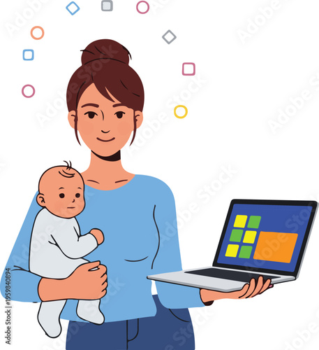 Working Mother Holding Baby Using Laptop Modern Work From Home Parenting Concept Illustration