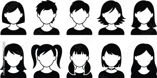 People silhouette illustration, diverse hairstyles clothing styles, head shoulders view, black white design, character persona icons, simplified identity art