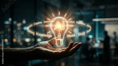 Hand holding a glowing lightbulb with AI concept, representing the future of technology and innovation