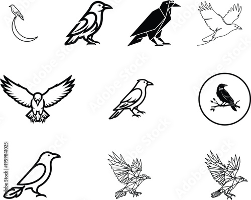 black and white bird silhouettes and illustrations in various poses and styles