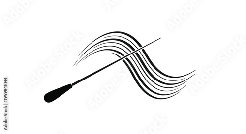 Orchestra conductor's baton creates swirling musical motion lines against a stark white background for artistic representation.