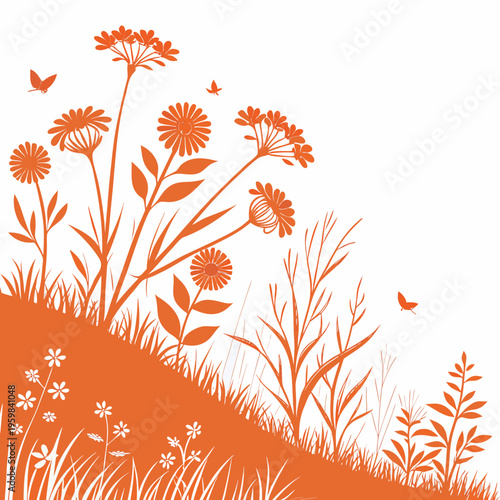 Orange flowers and grass on a hillside landscape nature