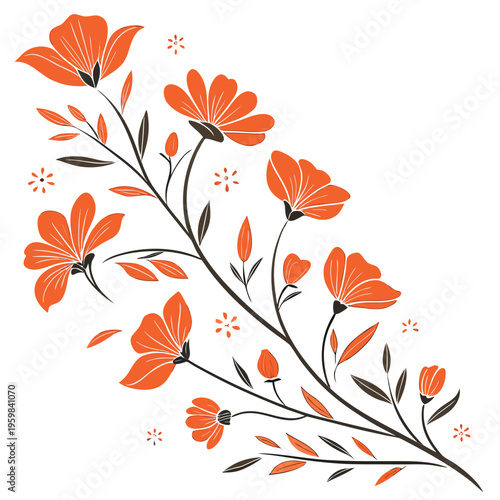 Orange Flowers and Leaves on White stems floral white background
