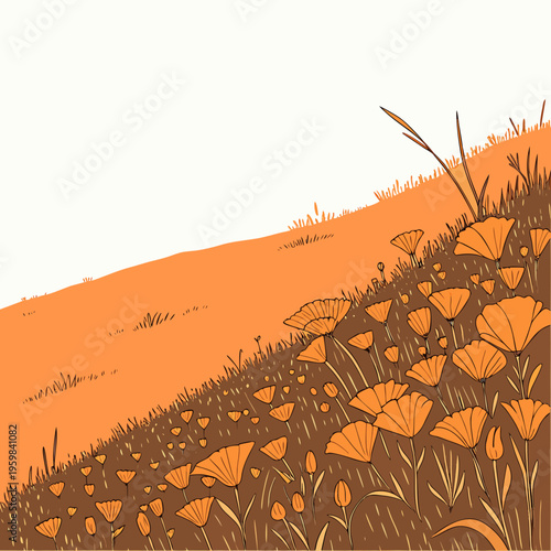 Orange flowers on a hillside grass landscape nature