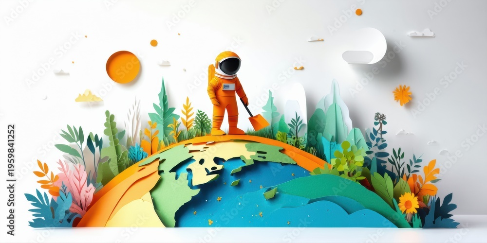 Fototapeta premium Papercraft illustration depicts astronaut exploring vibrant Earth. Lush vegetation surrounds globe, suns float above. Whimsical, colorful scene.