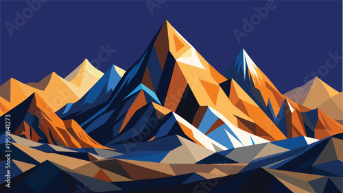 A vibrant digital illustration of geometric mountain peaks set against a deep navy blue background
