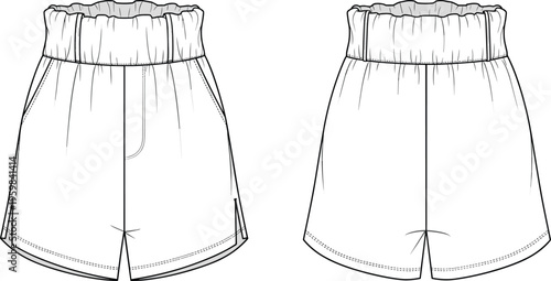 Women Paperbag Waist Shorts Technical Flat Sketch CAD Drawing Vector Illustration Fashion Template High Waisted Elastic Belted Bottom Design Mockup