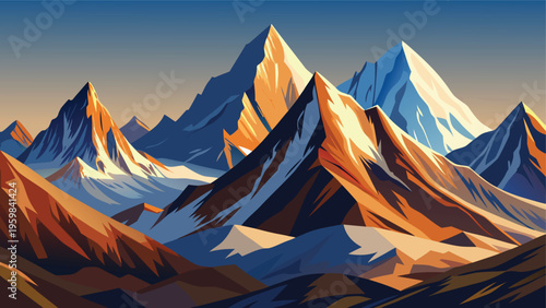 A serene illustration of majestic snow capped mountain peaks glowing in the warm morning sunlight