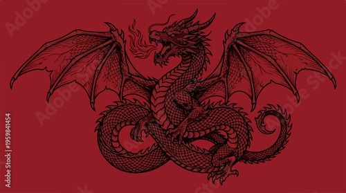 Dragon Silhouette Red Background.