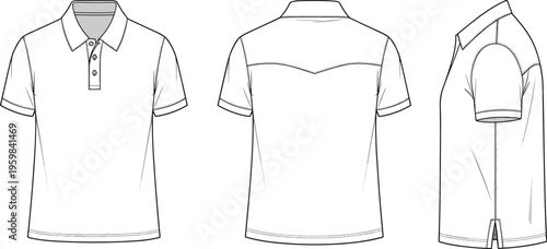 Men Short Sleeve Polo Shirt Technical Flat Sketch Set CAD Drawing Vector Illustration Fashion Template Button Down Collar Design Mockup