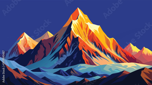 A vibrant digital illustration of a majestic mountain peak glowing under a deep blue night sky