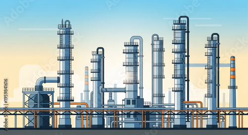 Industrial Landscape - Oil Refinery Towers and Pipelines Illustration.
