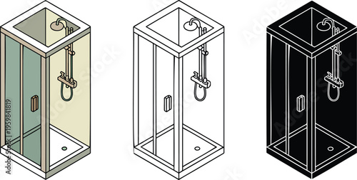 Corner shower cabin silhouette & Outline and illustration set isolated on transparent background