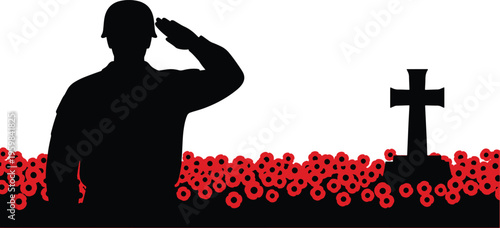 Soldier Saluting at Memorial Field with Red Poppies Remembrance Day Silhouette Illustration