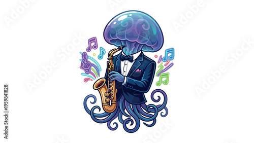 Jellyfish Saxophone Player Vector, Surreal Ocean Musician in Suit with Notes