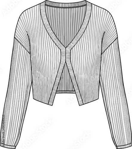 Women Cropped Ribbed Cardigan Technical Flat Sketch CAD Drawing Vector Illustration Fashion Template Long Sleeve Shrug Knit Sweater Design Mockup