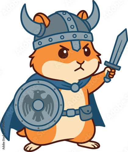 Viking Hamster Knight Vector, Animal Warrior with Sword Shield and Blue Cape
