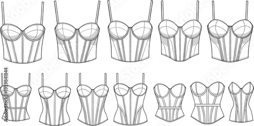 Women Corset Top Bustier Technical Flat Sketch Set CAD Drawing Vector Illustration Fashion Template Lingerie Bodice Underwear Design Mockup Bundle