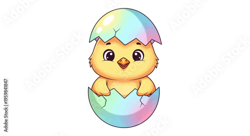 A cute yellow chick emerges from a pastel-colored eggshell on a white background, conveying a joyful Easter celebration with colorful and playful elements