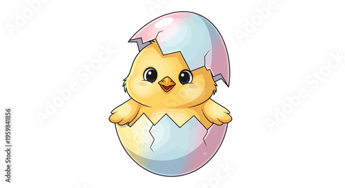 A cute cartoon chick hatches from a pastel-colored eggshell on a white background, conveying a joyful Easter celebration