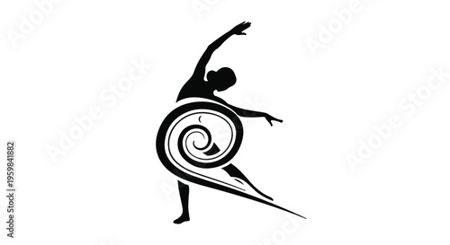 Dancer's silhouette extends an arm upward while the lower body is stylized with an abstract swirling spiral design.