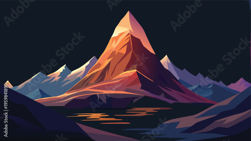 A minimalist digital illustration of a sharp mountain peak glowing under a dark evening sky