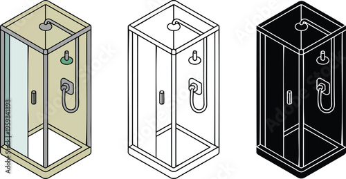 Corner shower cabin silhouette & Outline and illustration set isolated on transparent background