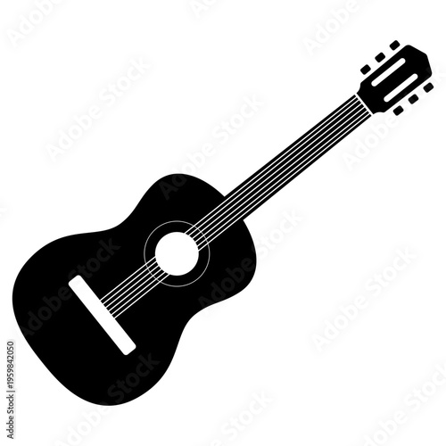 Black silhouette of an acoustic guitar with six strings and tuning pegs on a white background, depicted at an angle.